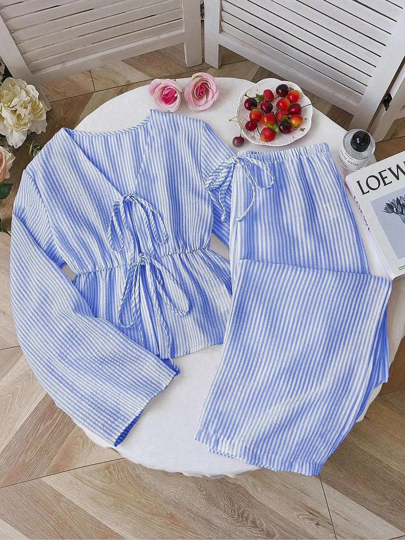 2026 Summer Two Piece Set Women Striped V Neck Lace Up Sleeveless Blouse High Waist Wide Leg Pants Suits Sweet Casual Tracksuits