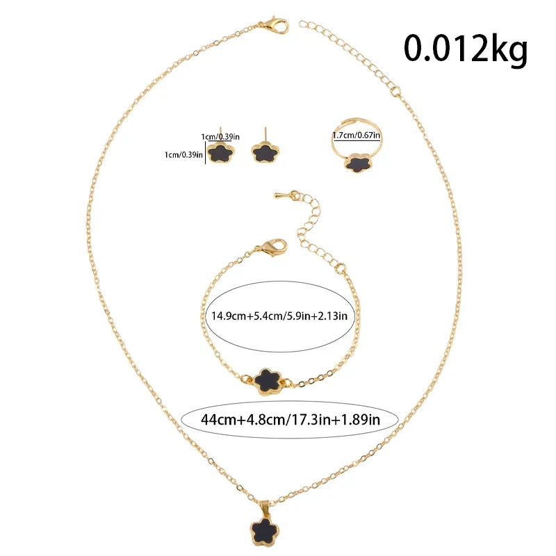 Four-Leaf Clover Five-Piece Jewelry Set, Black Gold Light Luxury Necklace, Earrings, Bracelet, Ring Set, Fashionable and Elegant Women's Jewelry, Popular Accessories