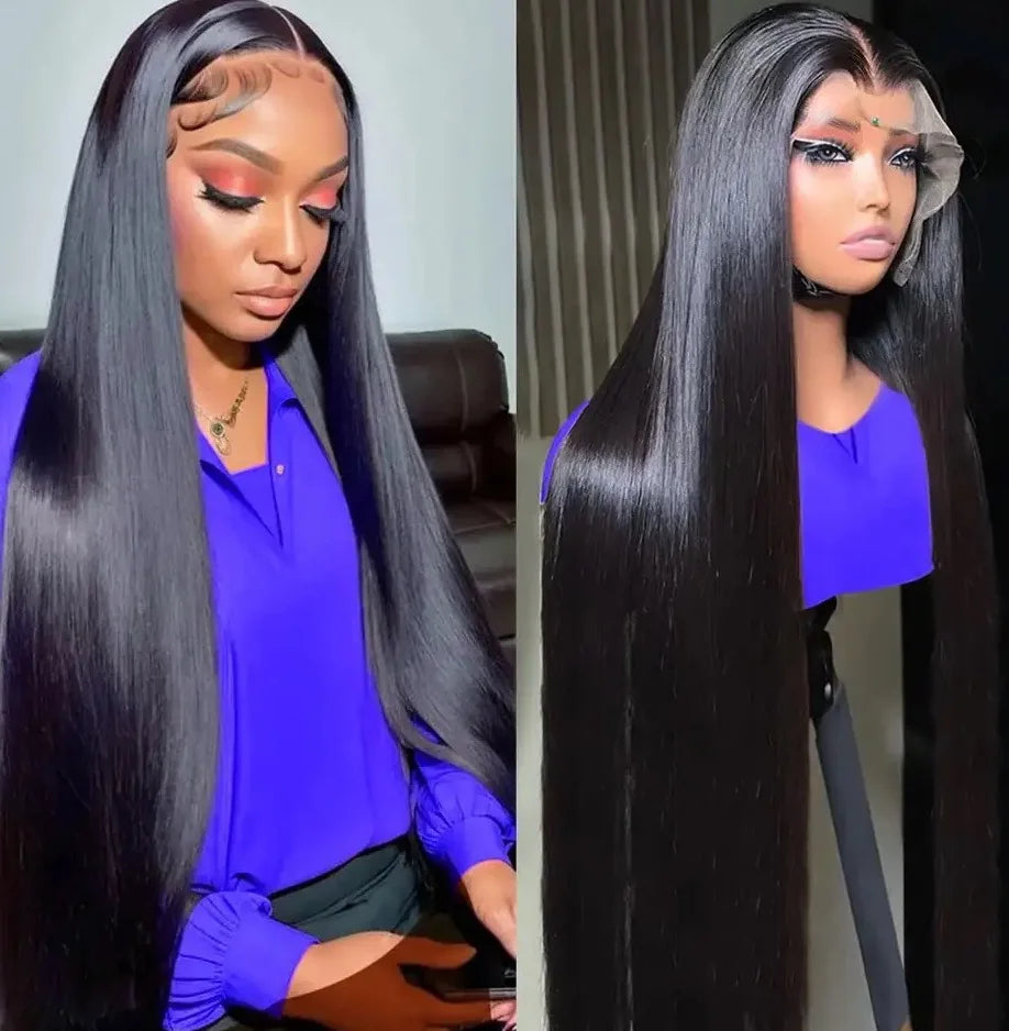 Peluca frontal de encaje largo y liso 13x4, color negro, sintética, para mujeres afroamericanas, pre-arrancada con pelo de bebé, nudos decolorados, sin pegamento