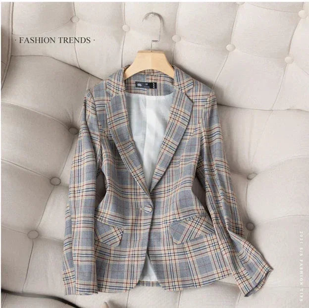 Blazer a cuadros a rayas grises, chaqueta, abrigos delgados de moda para mujer, blazers de mujer con cuello en V de un solo botón S-XXXXXL