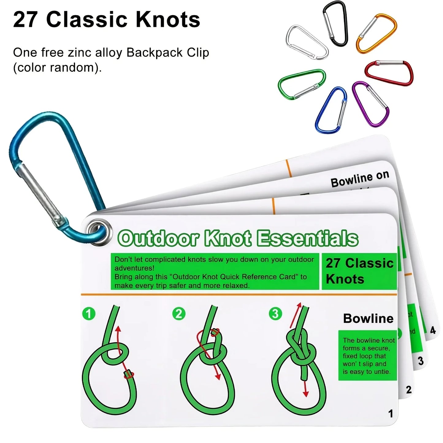 27 Knots Camping Hiking Guide Cards Set, Durable PVC Portable Reference with Carabiner Keychain, for Tent Setup & Outdoor Usage.