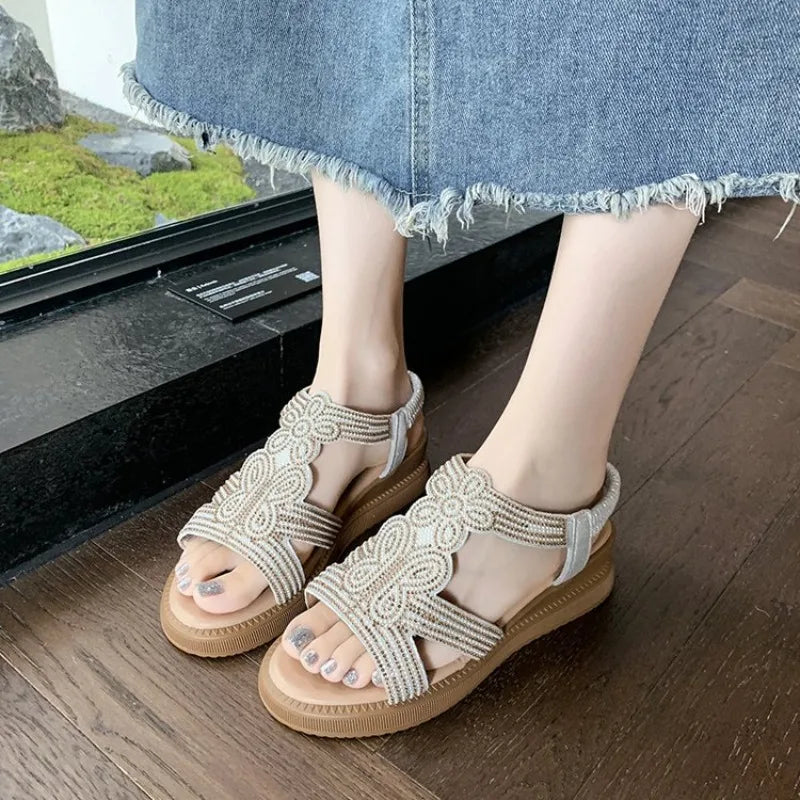Fashion Women's Sandals Comfortable Women Shoes Rhinestones Wedge Sandals Summer 2026 New Roman Sandals