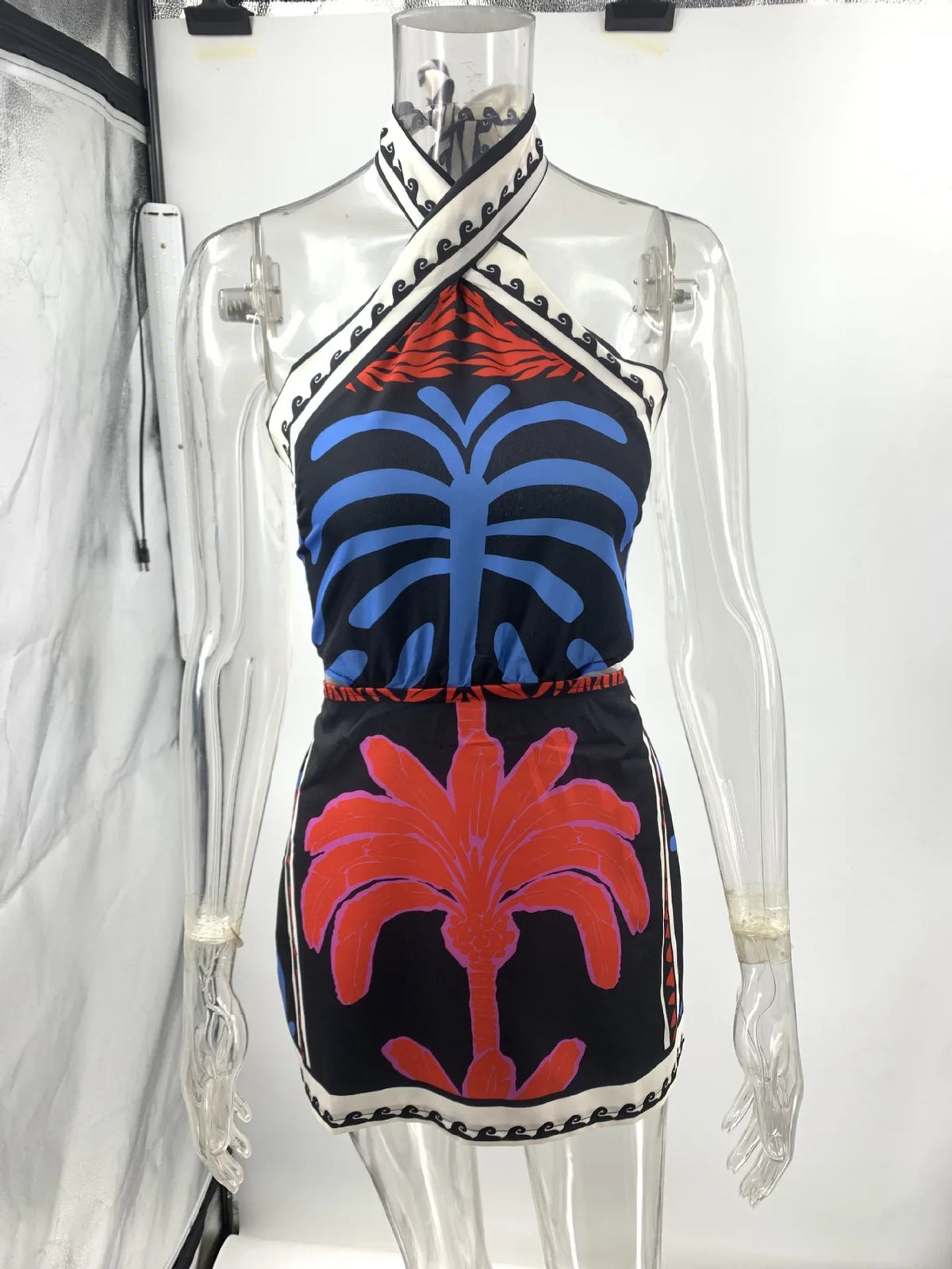 Bohemian Print Halter Neck Mini Dresses Women Sexy Backless Leace-up Beach Vacation Dress Fashion Beachwear Vestidos Summer New