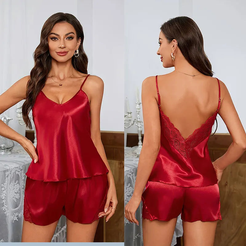 Summer Lace Satin Pajamas Set for Women Sexy Pajama Sets Backless Deep V Sleepwear Short Sleeve Cami Shorts Set