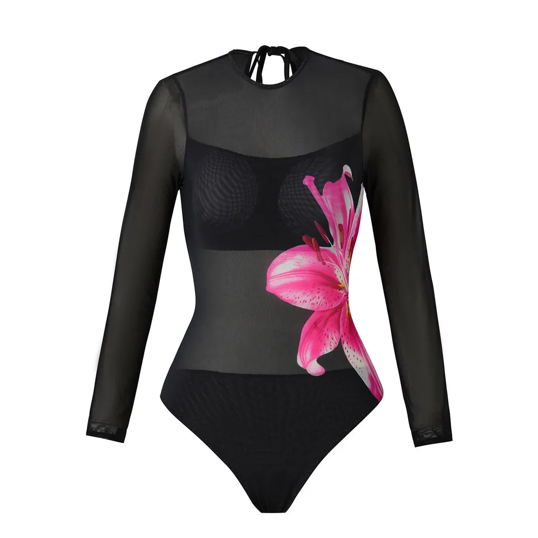 S - XL New Flower Printed Floral Long Sleeve With Pants One Piece Swimsuit Women Swimwear Female Bather Bathing Suit Swim V7099