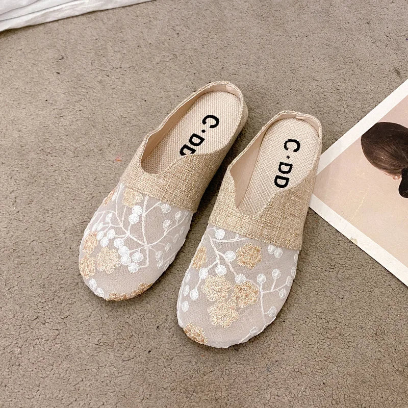 Breathable Mesh Linen Slippers For Women Summer Flat Shoes Anti-slip Female Indoor Outdoor Slides Office Lady Walking Sandals