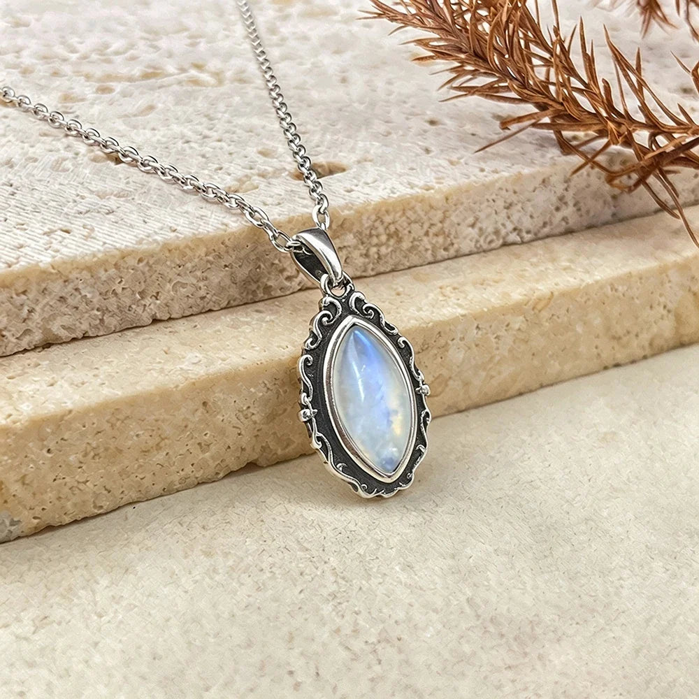 Vintage 925 Sterling Silver Necklaces with Natural Moonstone 12*6MM Simple Pendant Necklaces Party Fine Jewelry For Women Men