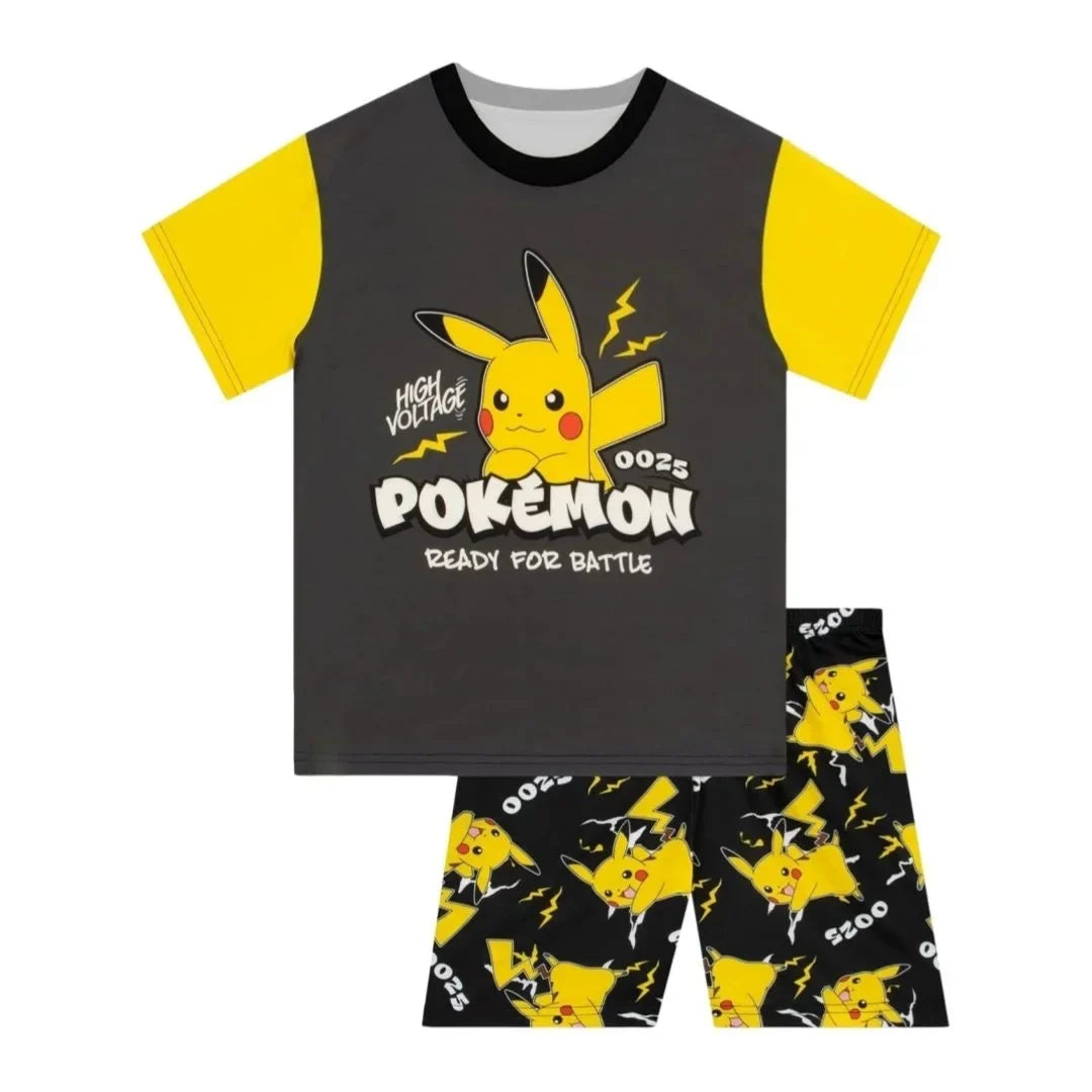 Potdemiel Pikachu Ready To Battle Pajama Boys Girls Allover Print T-Shirt & Shorts Set Summer Quick-dry Soft Comfy Lightweight