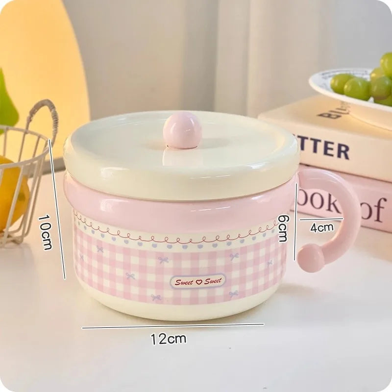 Tazón de ramen Kawaii pastel a cuadros con tapa