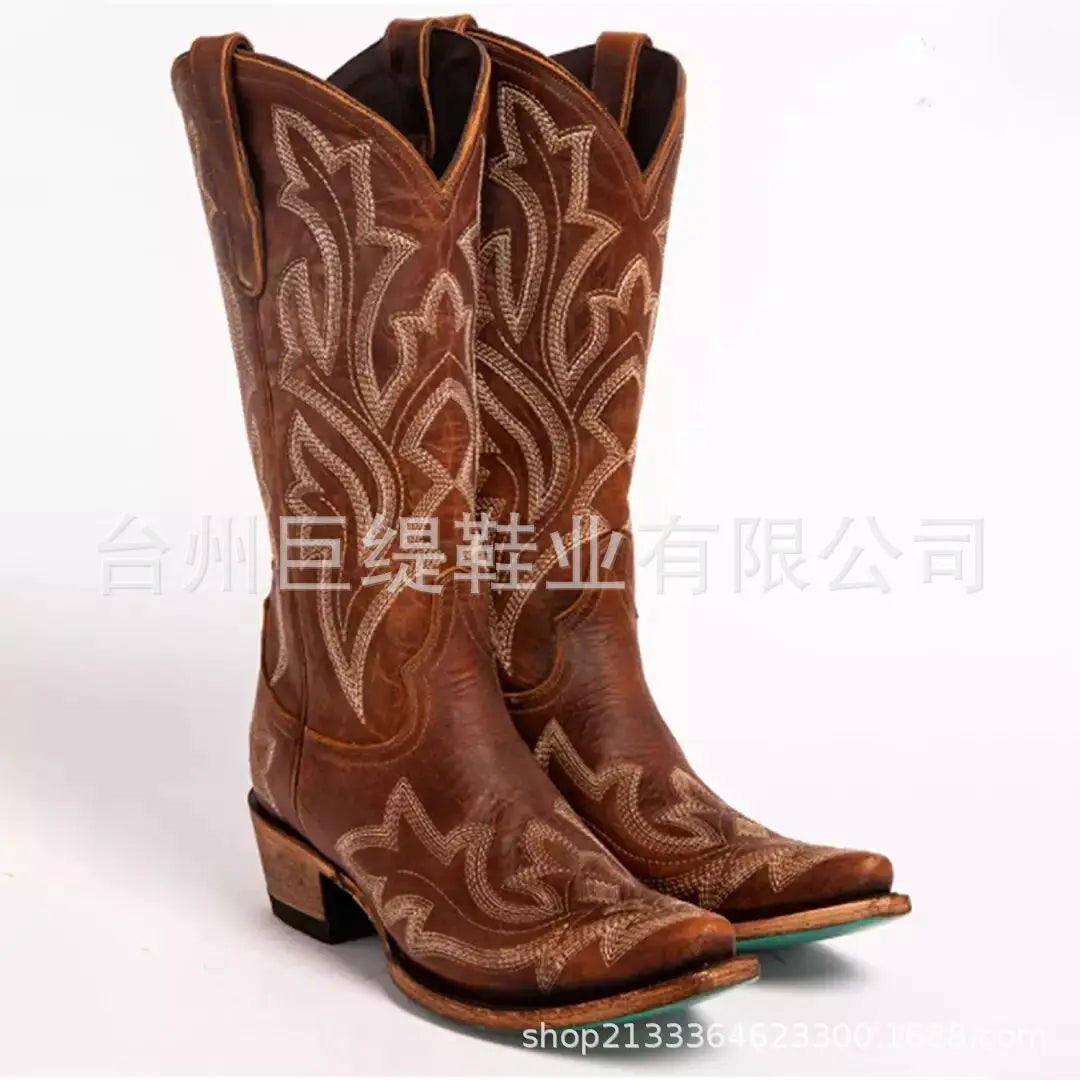 Botas de cowboy bordadas para mujer, hasta la rodilla, a media pantorrilla, botas vaqueras vintage de tacón, zapatos casuales de tacón grueso para otoño