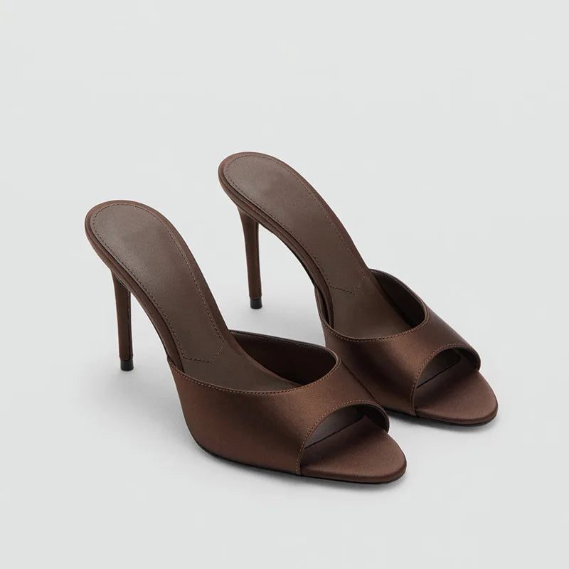 2026 Summer New Women's High Thin Heels Pointed Toes Fashion Slippers Elegant Satin Shoes Sexy Peep Toe Stiletto Sandals Pumps