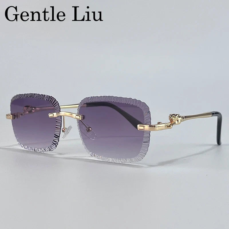 Rimless Square Sunglasses Men 2026 Luxury Brand Cut Edge Eyewear Trendy Leopard Head Sunglass For Male Punk Metal Frame Shades