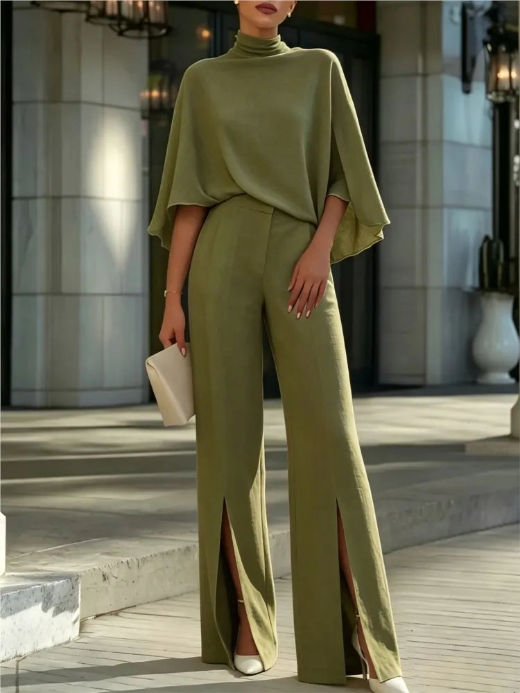 Autumn Women's Half Turtleneck Shawl Top Fashion Slit Wide Leg Trousers 2piece Suit Elegant Slim Fit Female Office Trousers Suit