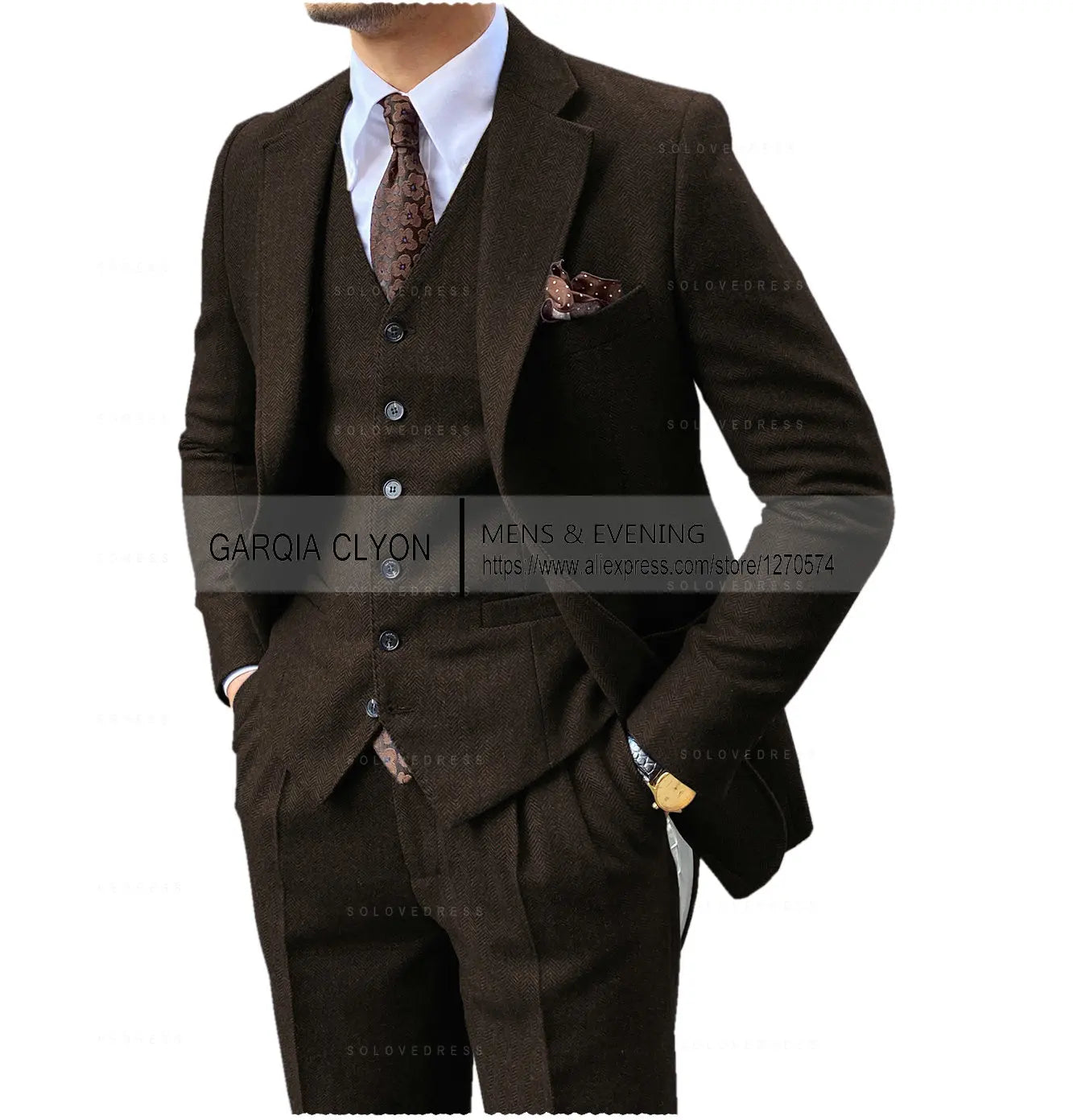 3 Pieces Men's Suits Tweed Herringbone Slim Fit Business Cauasl