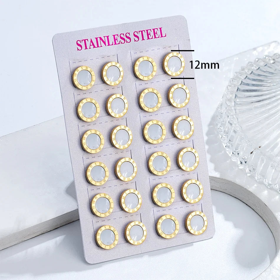 12 Pairs Pack Stainless Steel Round Shape Cubic Zircon Roman Numeral