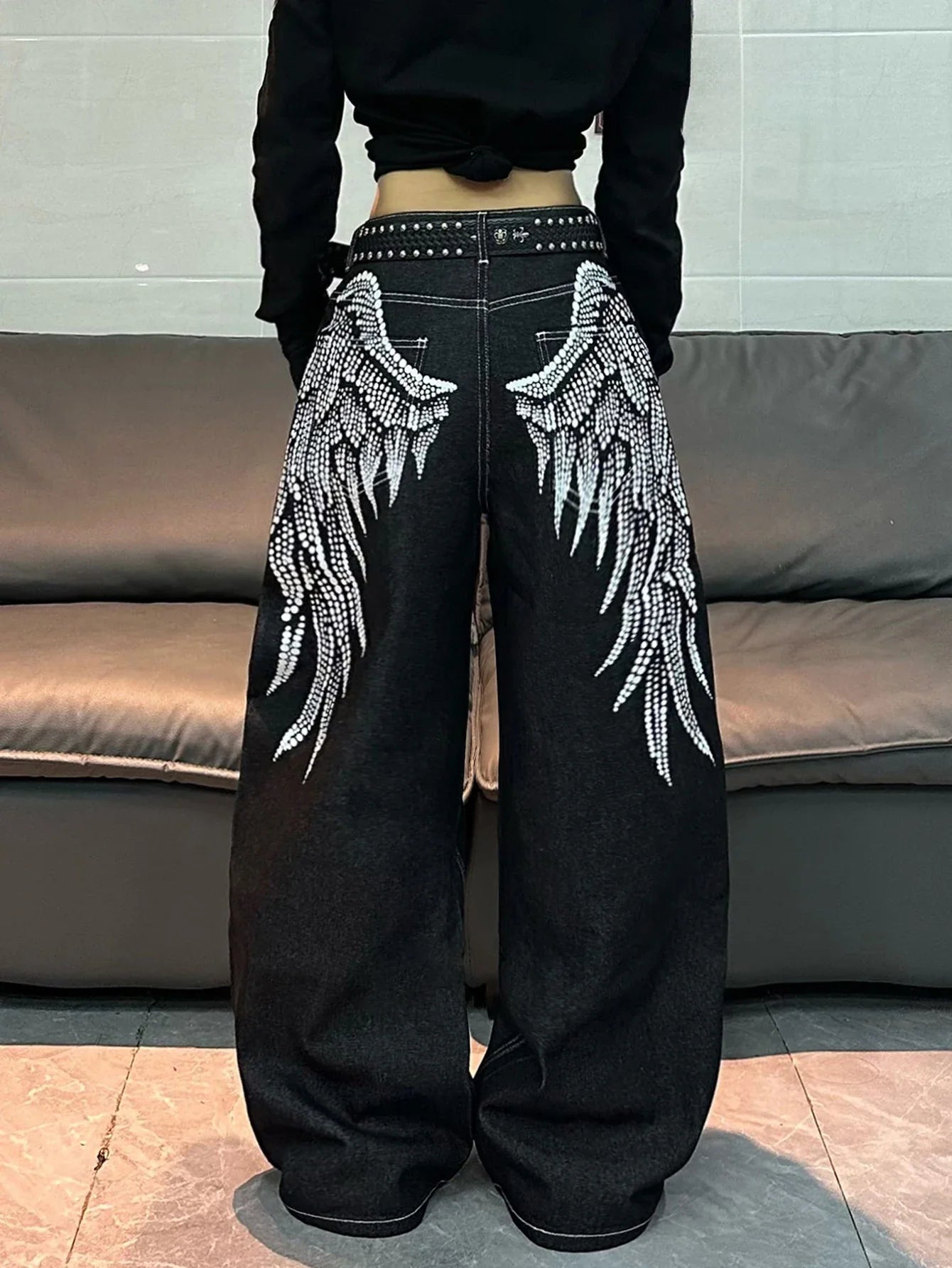 1 Pc American Retro Wing Print Loose Jeans, Street Trend Fashionable
