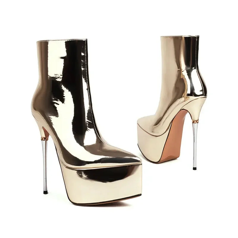 Sexy Patent Leather Shiny Gold Red Pole-dancing Stripper Super Thin High Heels Shoes Trendy Platform Ankle Stiletto Women Boots