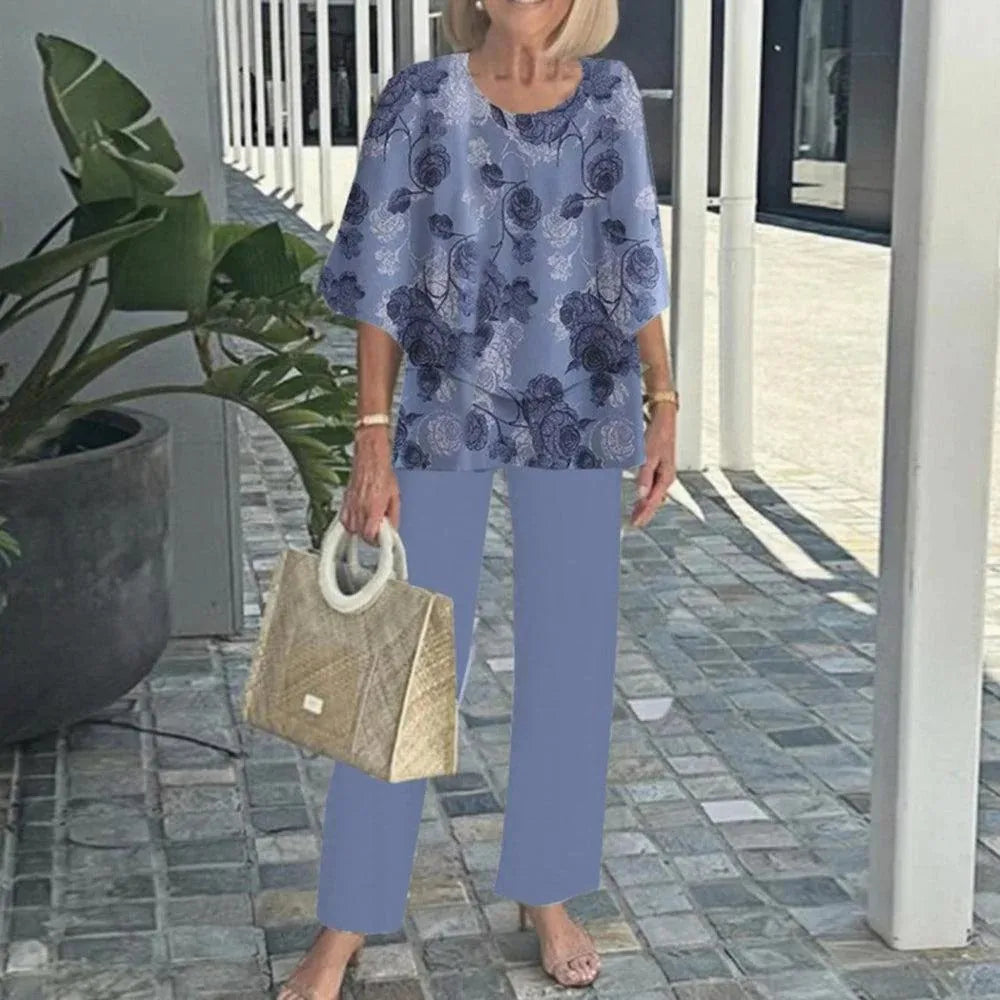 Summer Fashion New 2 piece Sets Women o-neck Sleeve print Pants Suits Casual Loose Irregular Top Wide Leg Pant two piece Set