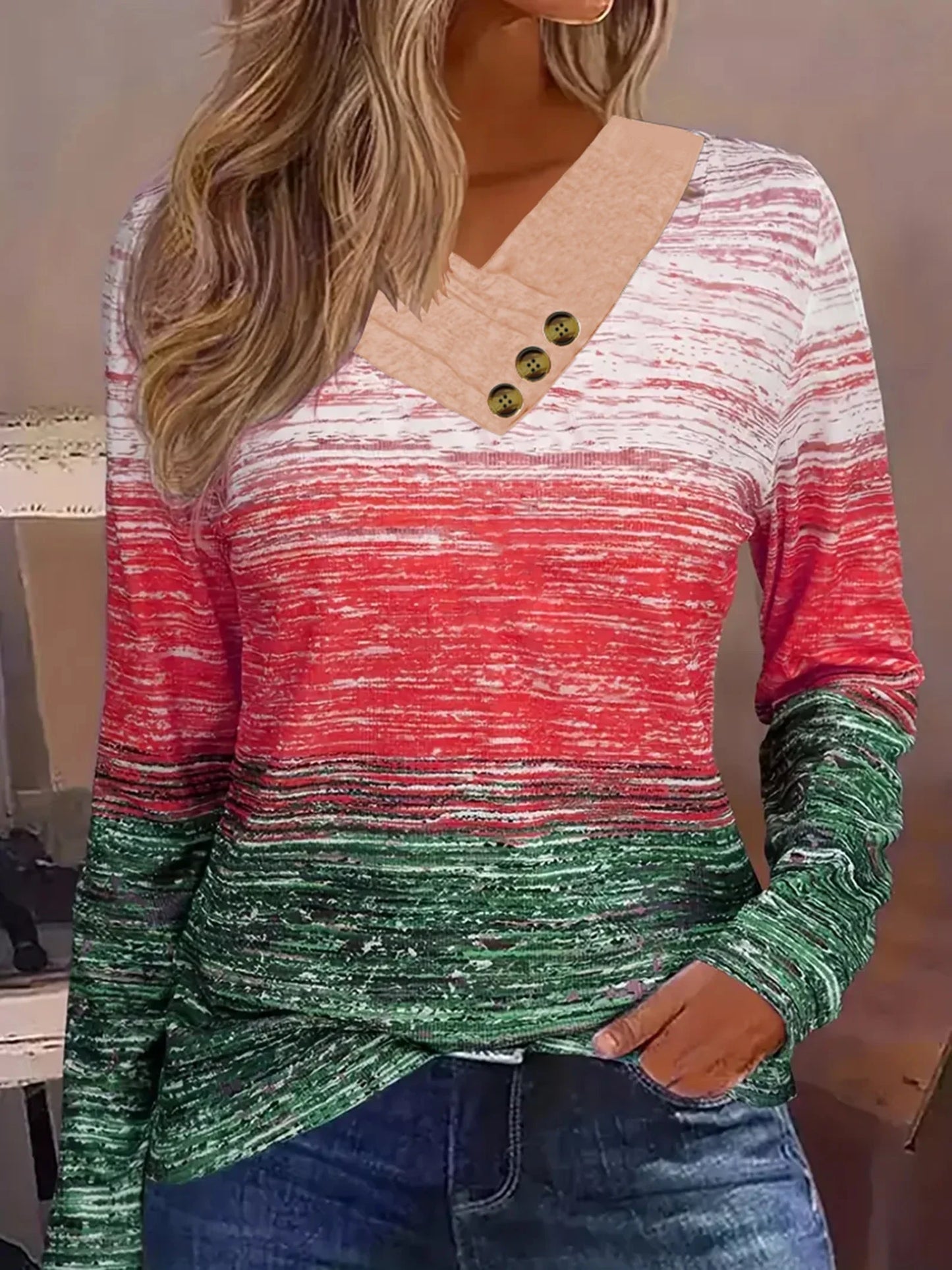Autumn thin fashion plaid print V-neck button plus size women's long sleeve t-shirt