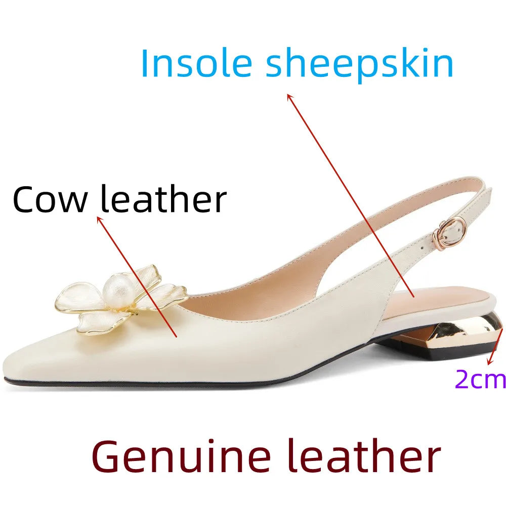 【JOCHEBED HU】Female Flats Shoes Genuine Leather Spring Autumn Women Shoes Metal Flower Pointed Toe Flat Heels Big Size 34-43