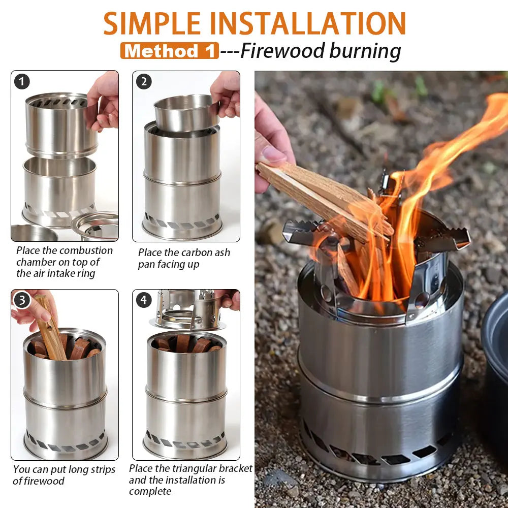 Outdoor Camping Portable Wood Stove Stainless Steel Double-Layer Heat-Concentrating Split Stackable Picnic Backpack Stove