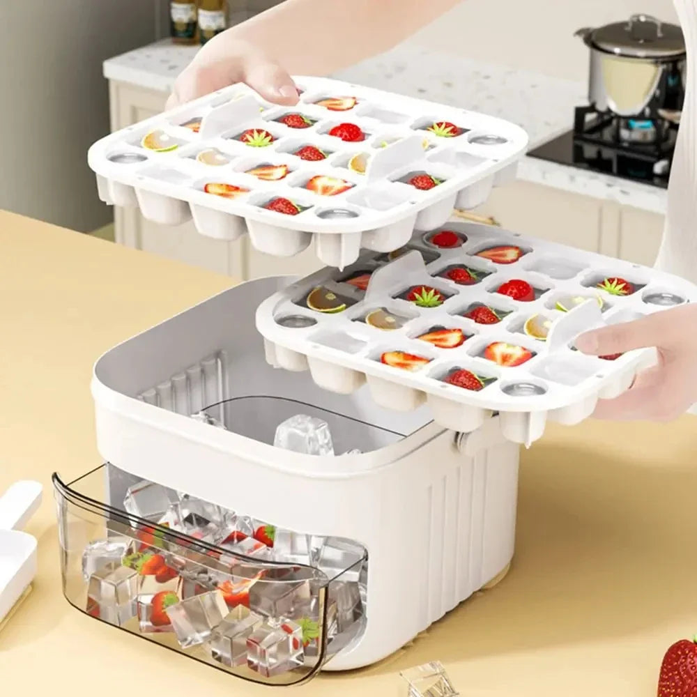 50-Cube Double Layer Ice Cube Maker with Easy Press Cap, Household Refrigerator Ice Making Mold Storage Box, Multi-purpose Kitchen Ice Container