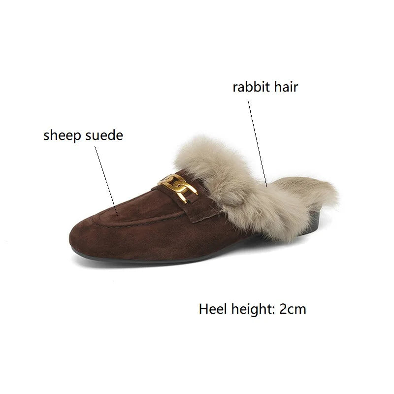 2023 Winter Sheep Suede Women Shoes Rabbit Hair Mules Shoes for Women Round Toe Low Heel Slippers Chunky Heel Cover Toe Slippers