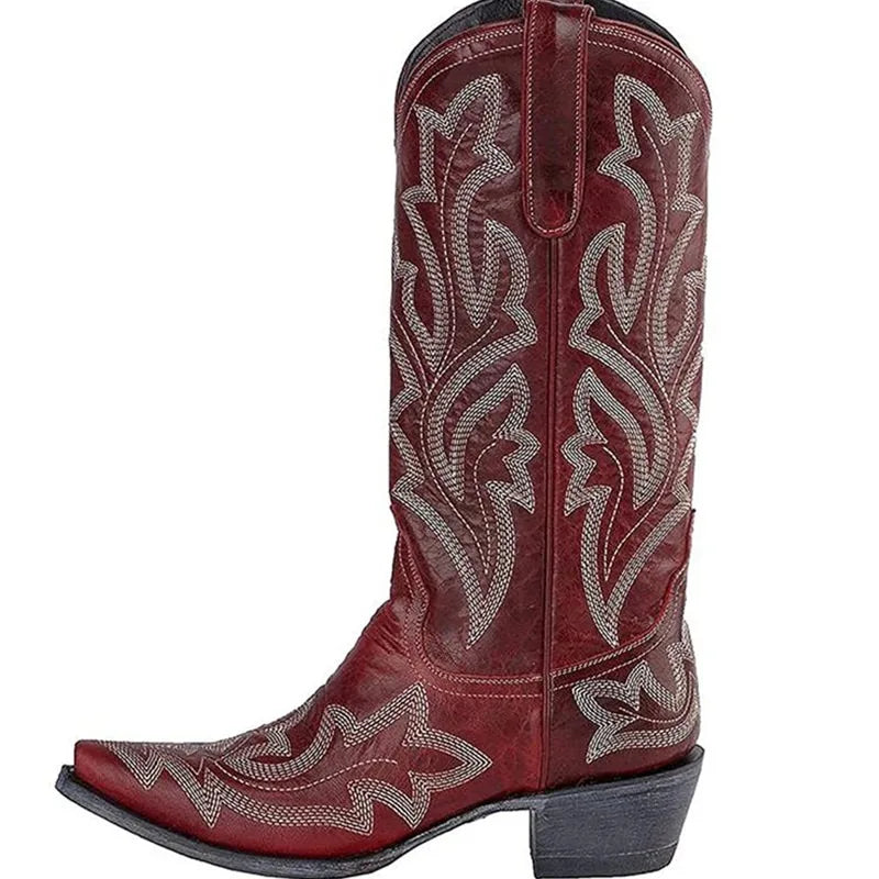 Botas de cowboy bordadas para mujer, hasta la rodilla, a media pantorrilla, botas vaqueras vintage de tacón, zapatos casuales de tacón grueso para otoño