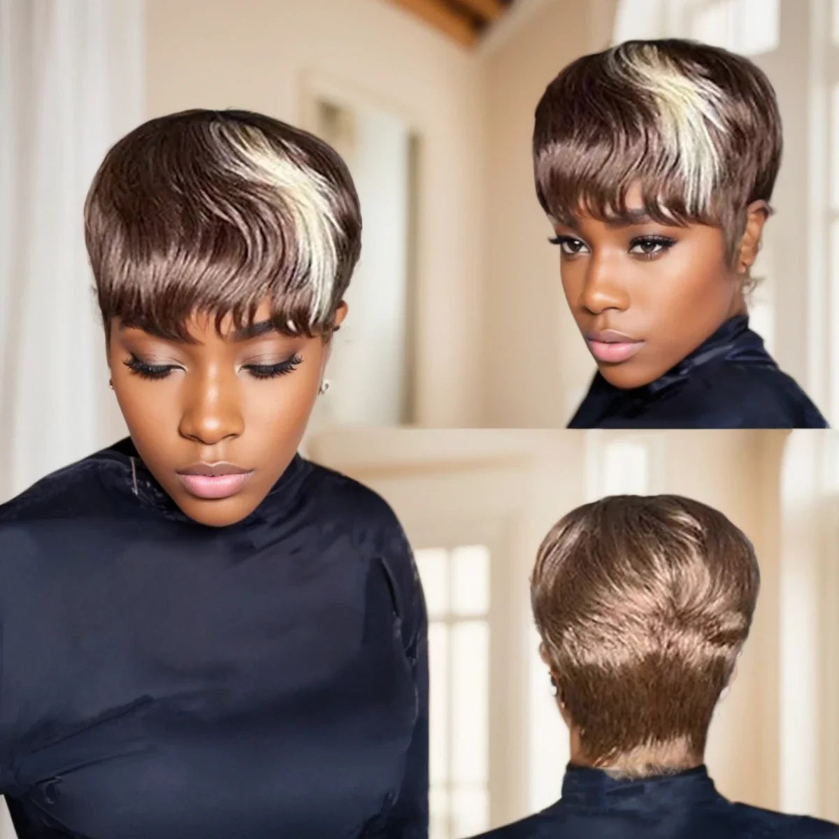 WIGERA Pelucas sintéticas destacadas Corto Liso Pixie Cut Peluca Bob Pelo Dorado Miel Mezcla Negro Cabello para Mujer
