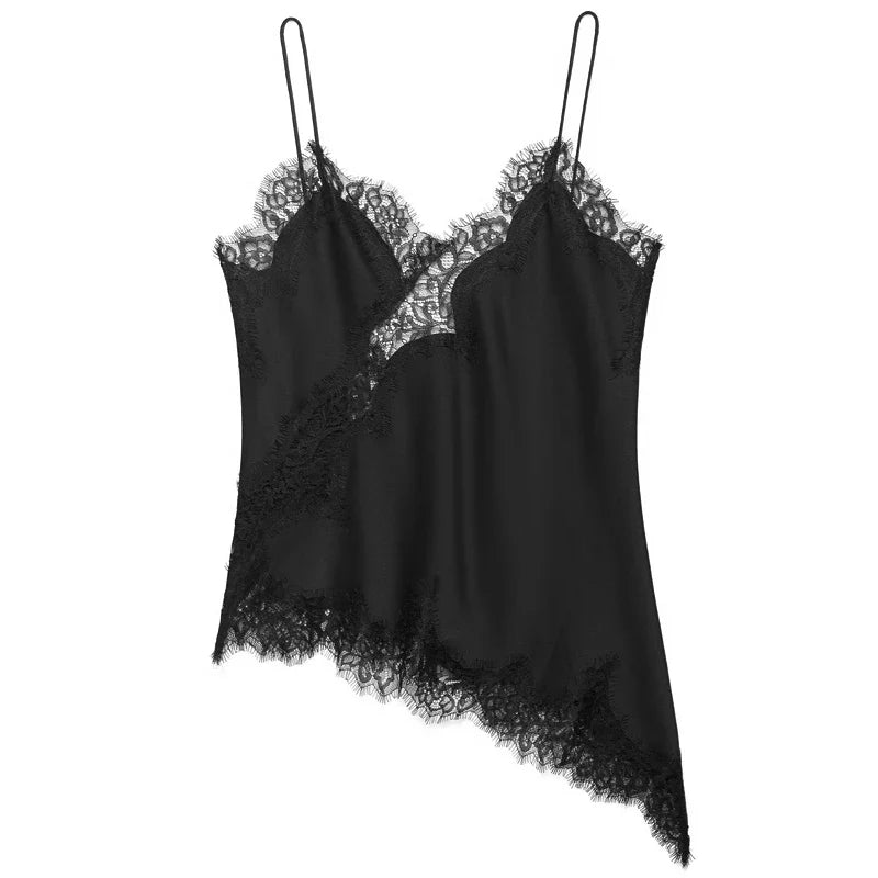 HXAO 2025 Woman Asymmetrical Slip Top Women Sexy Black Yellow Blue Top Lace Tanks & Camis Chic Y2K Sleeveless Backless Camisole