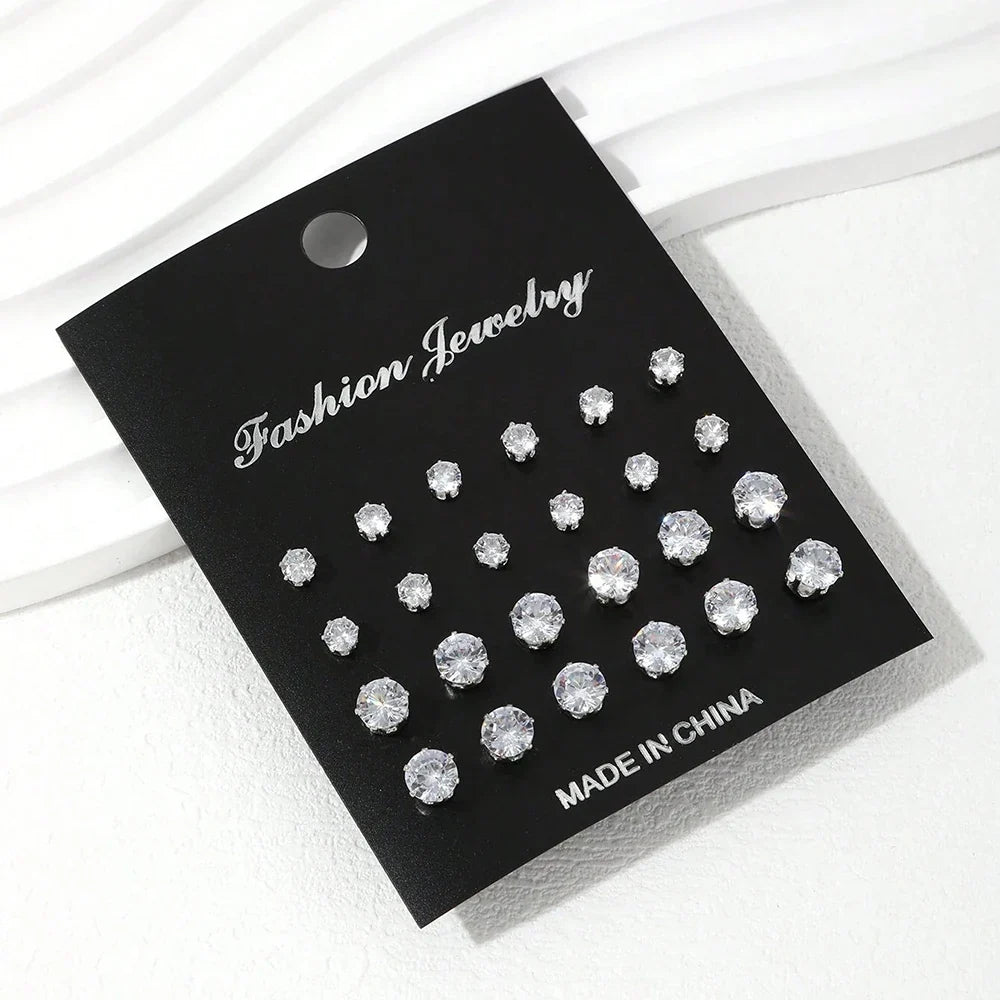 12/24/36 Pairs Shiny Zircon Stud Earrings Set Daily Versatile Chic