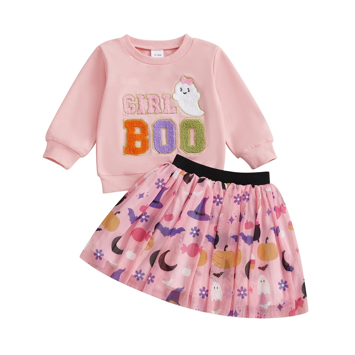 Baby Toddler Girls 2Pcs Girl Boo Halloween Outfit Long Sleeve Letter Ghost Embroidery Tops A-line Tulle Skirt Set