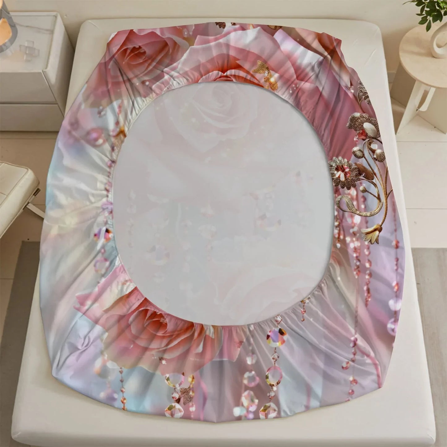 1pc 3D Pink Roses with Crystal Bead Print Fitted Sheet Deep Pocket