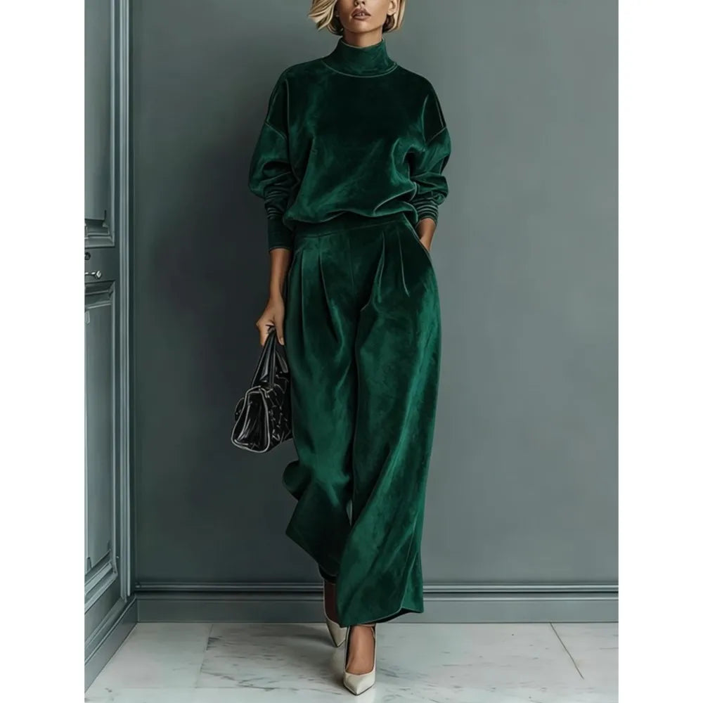 Autumn Winter Fashion High Collar Gold Velvet Long Sleeve Women's Suit Casual Sports Wide Leg Trousers Female Office 2 Piece Set