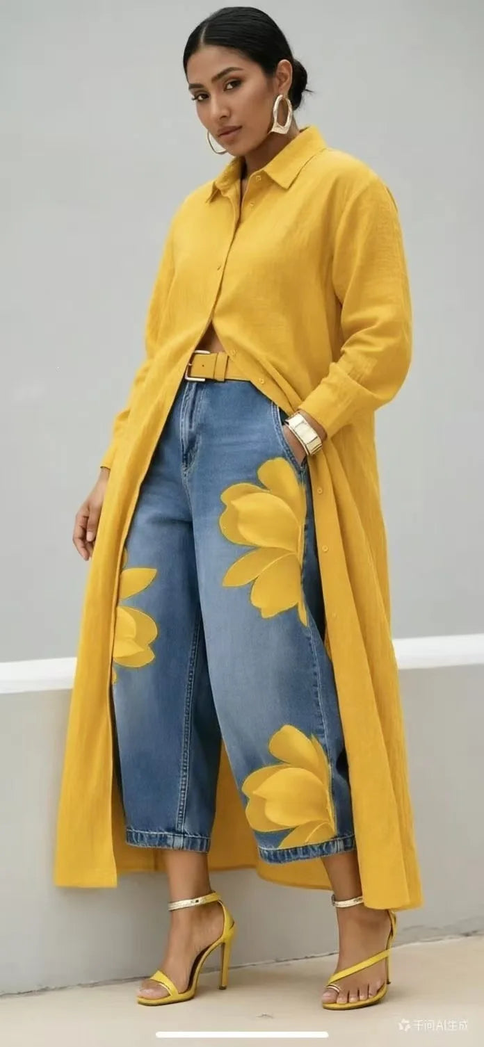 2026 New Fashion Floral Print Wide Leg Jeans Casual Cotton Denim High Waist Nine-Pants Trendy Plus Size Trousers High Street