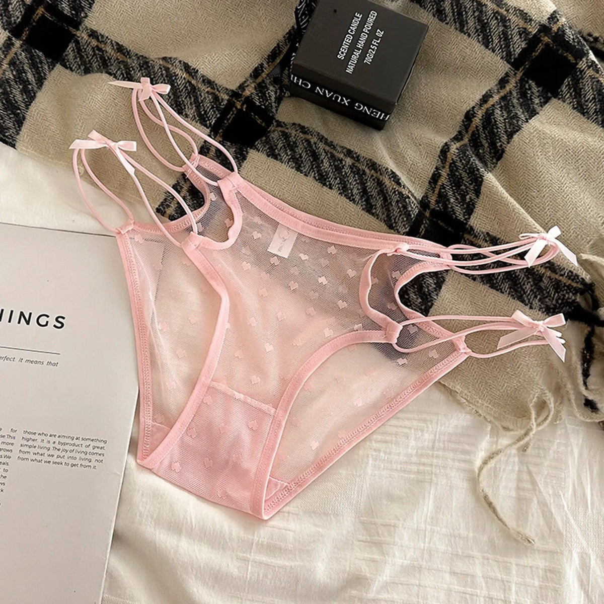 2026 Womens Briefs Sexy Love Mesh Transparent Low Waist Triangle Pants Thin Bow Knot Hollow Breathable Thongs Ruffled Panties