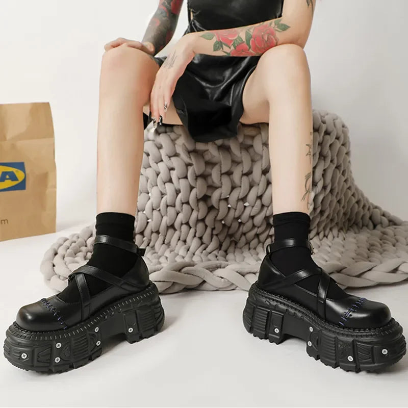 Gothic Mary Janes For Women Crossed-tied Ankle Strap Platform Shoes Round Toe Thick Bottom Female Shoes Punk Women Shoes 2026