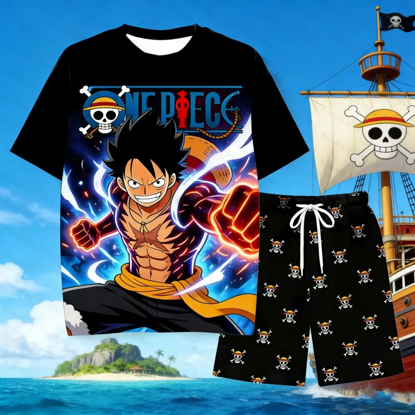 Anime One Piece Luffy Printed Short Sleeve T Shirt And Shorts Set Unisex Kids And Adults Casual Relaxed Indoor Loungewear Suit