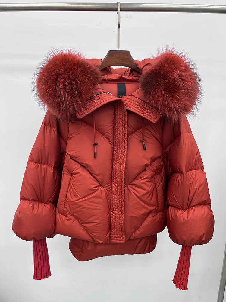 Women Winter Goose Down Jackets Real Fox Fur Collar Hooded Thick Natural Raccoon Fur Female Outwear Warm Loose Puffer Coats