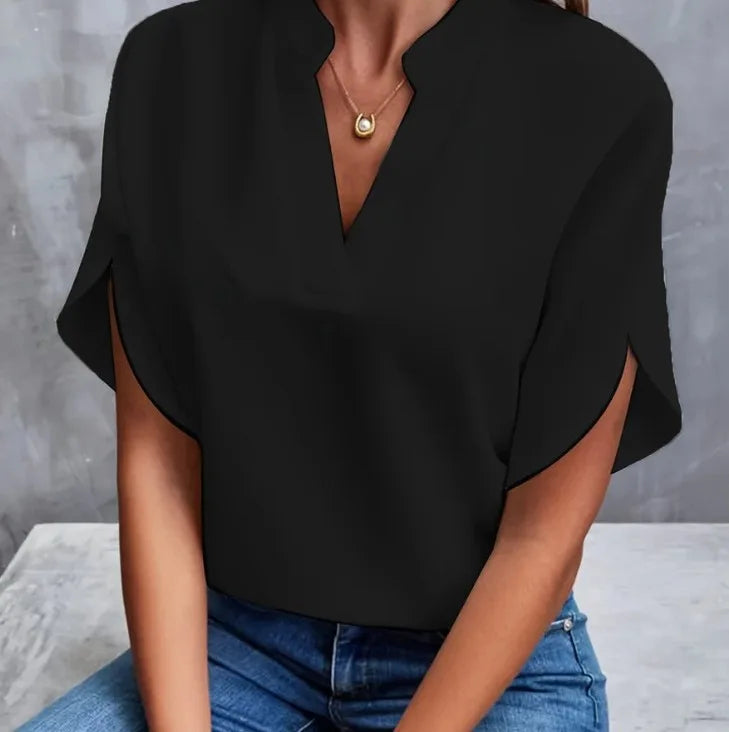 1pcs Woman New Summer Solid Color Shirts Lady Casual Short Sleeve V-neck Collar Loose Shirts Female Fashion Pullover Tops