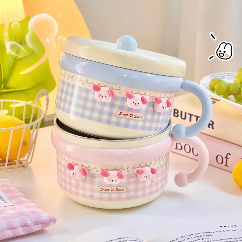 Tazón de ramen Kawaii pastel a cuadros con tapa