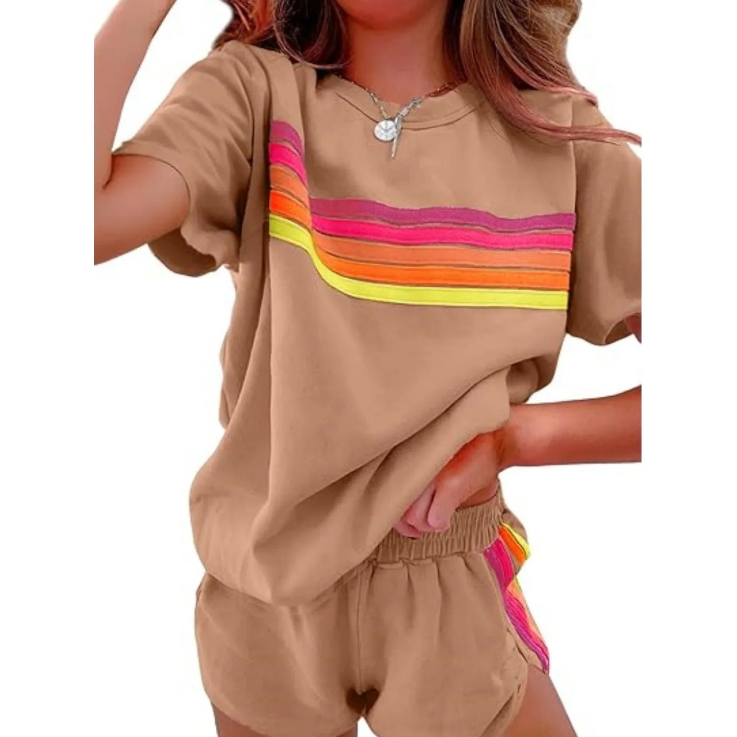 Women Casual Sports Outfits Summer Outdoor Comfortable Cool Shorts Tracksuit 2pcs Set Urban Fashion Stripe Top Suit Streetwear