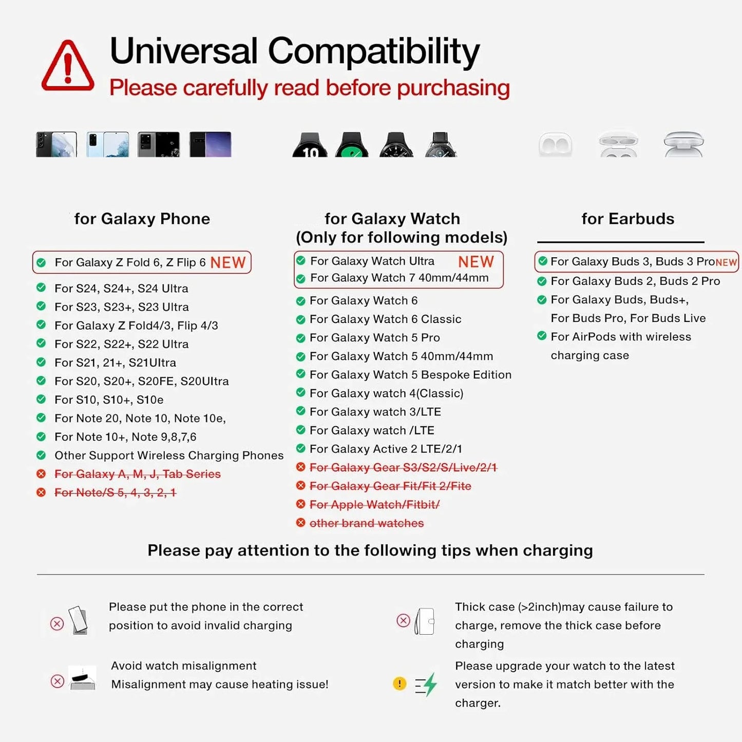 3 in 1 Wireless Charger for Samsung S24 S23 Ultra/S22/S21/Note 20/Z Flip 6/Z Fold 6 Fast Charging Station for Galaxy Watch 7 Pro