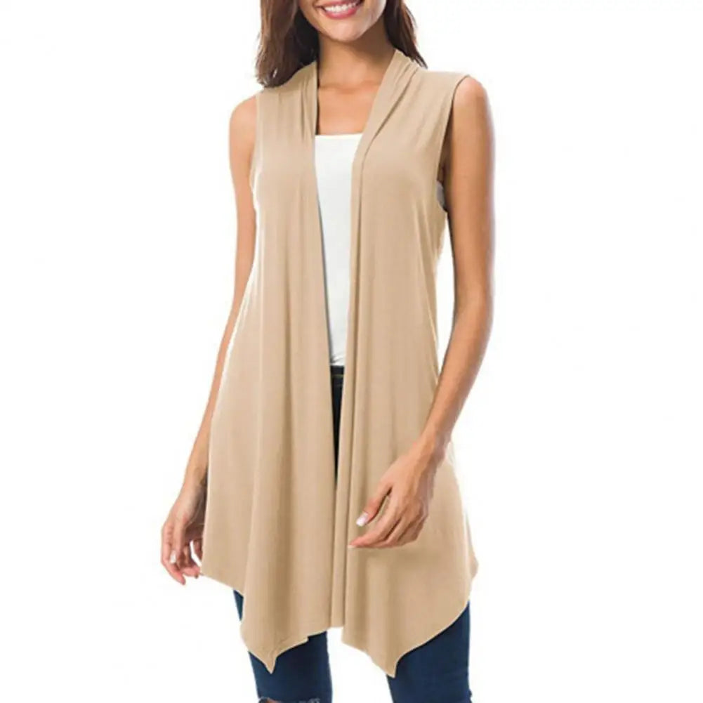 Women Sleeveless Cardigan Vest Summer Solid Color Open Front Draped Mid-length Asymmetric Hem Waistcoat Lightweight Coat