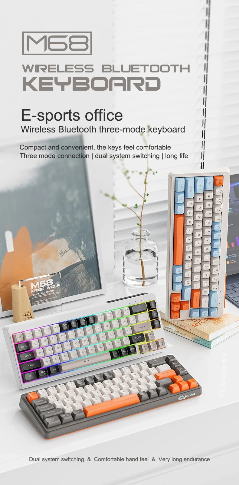 FREEWOLF M68 Wireless Keyboard and Mouse Set Multidevice Connection 68 Keys Mini Keyboard and A3 Mouse Kit PBT keycaps Backlight