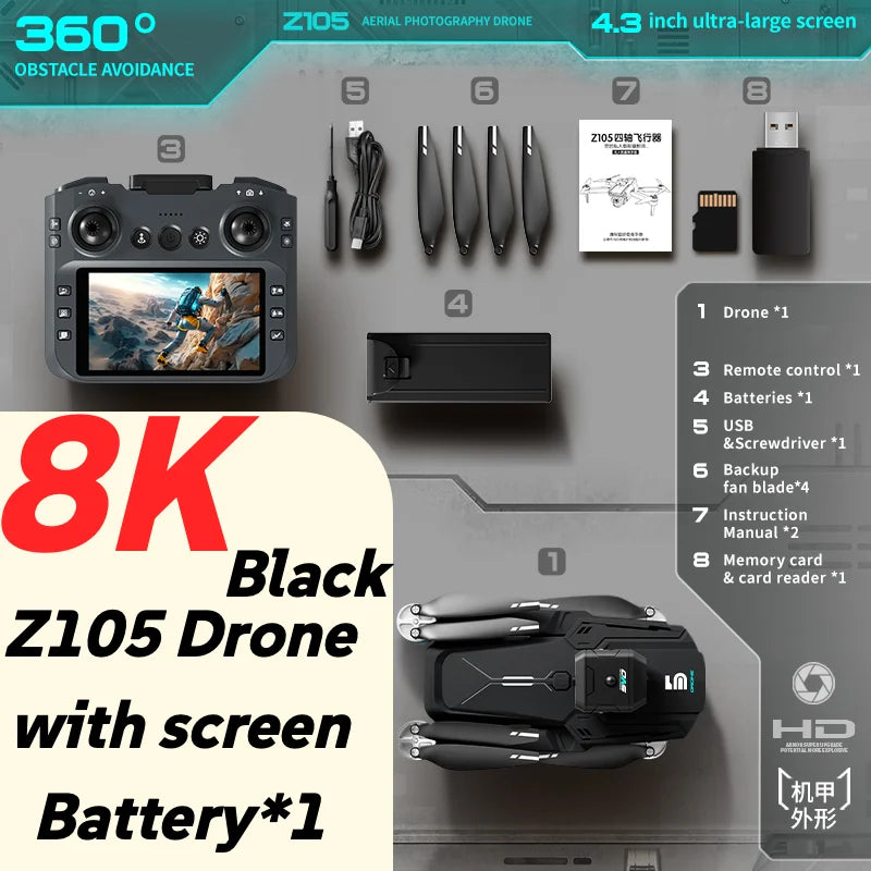 Lenovo Z105 8K Dual Camera Drone Brushless Motor Optical Flow Positioning with 4.3'' Screen Remote Control 15min LongFlight Time