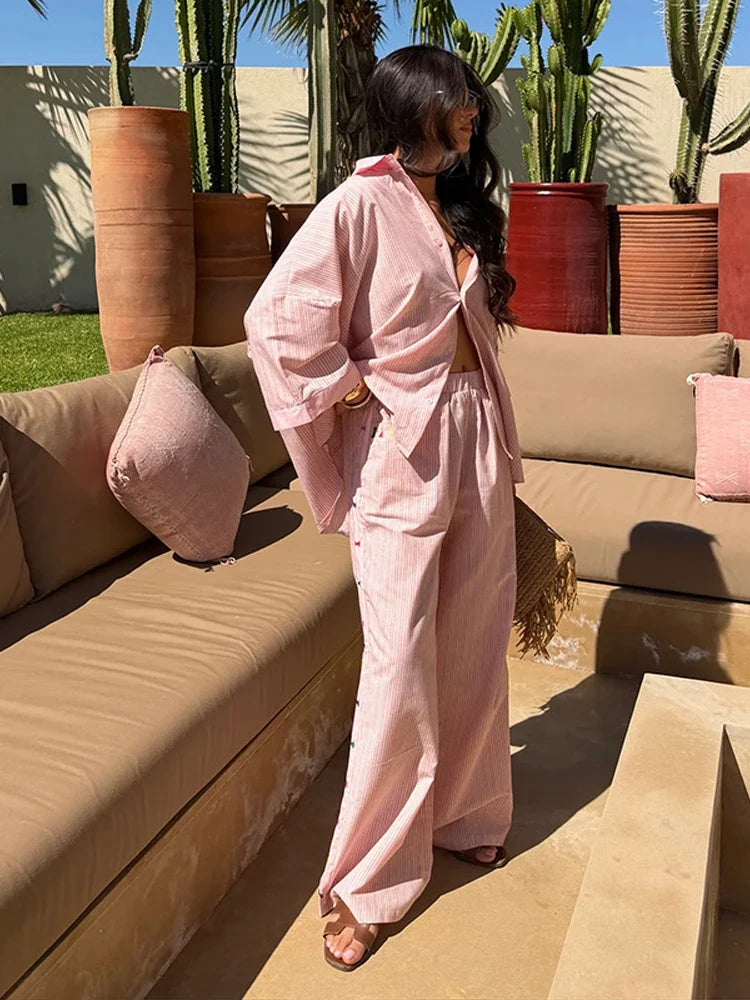Casual Shirt Pants Women's Set Elegant Belt Long Sleeve Female Blouse Wide Leg Trousers 2026 Summer Autumn Lady Outfit New
