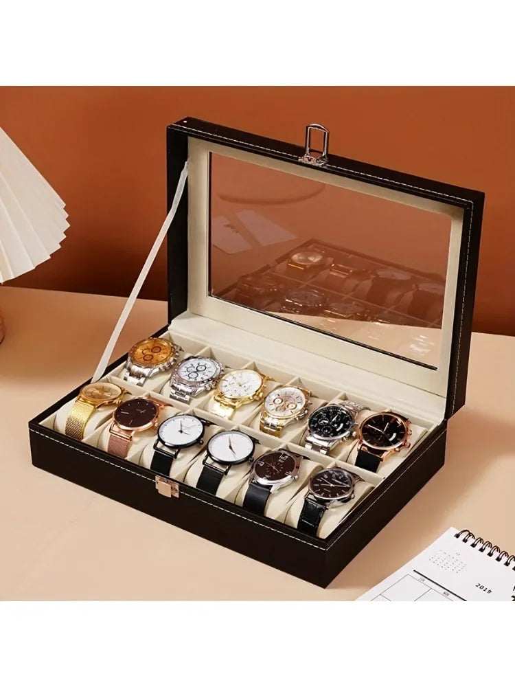 12 Slot Synthetic Leather Watch Display Case 1pc Watch Organizer with Lock Removable Pillows for Men Travel Gift