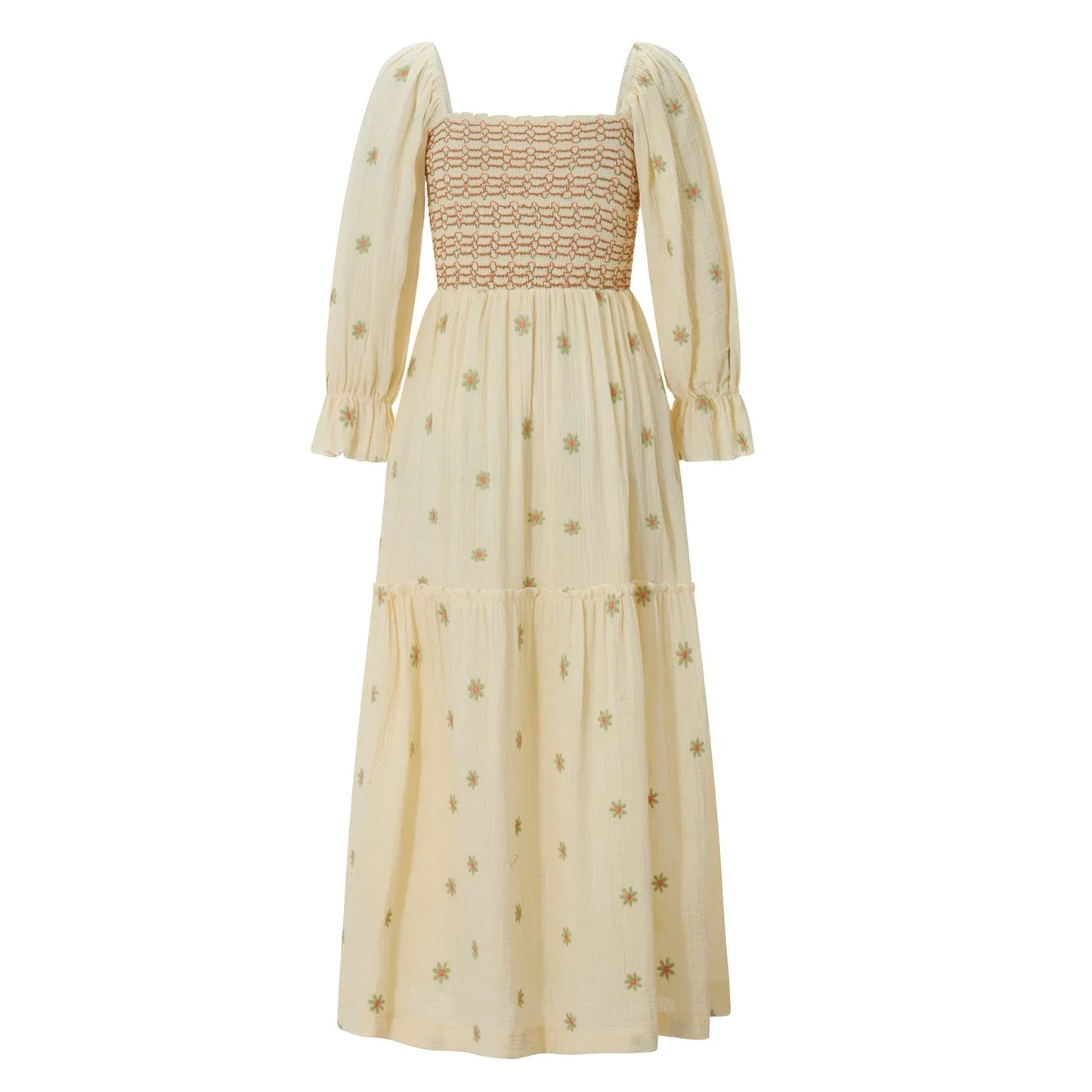 Women Spring Fall Long Dress Long Sleeve Dress Square Neck Embroidery Flower Loose Swing Dress Wit Pocket