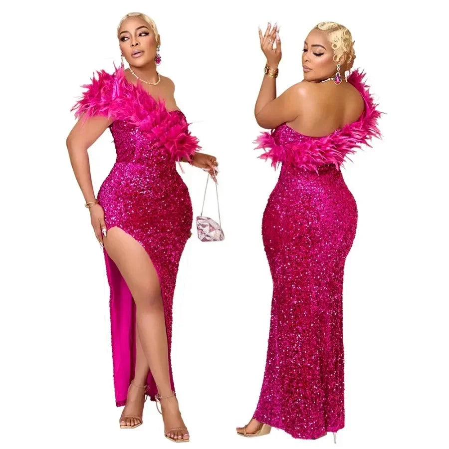 Vestido de Noche Largo con Abertura, Lentejuelas de Plumas de un Hombro, para Fiesta de Graduación, Elegante de Lujo para Celebridades, Club Nocturno, Vestidos Ajustados Sexys